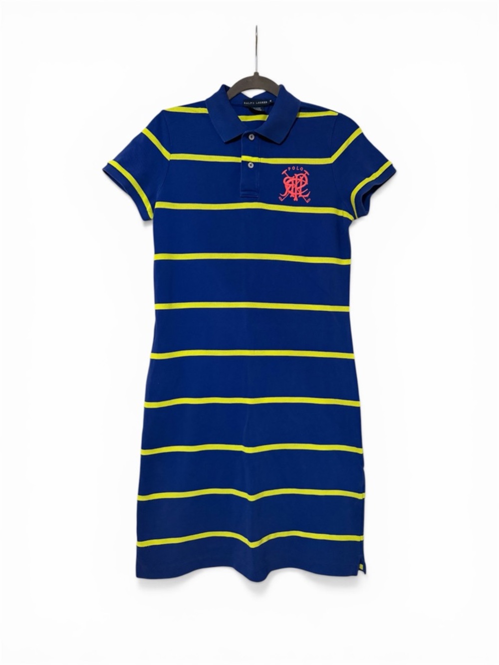 Ralph Lauren Navy Polo Top with Neon Yellow Stripe